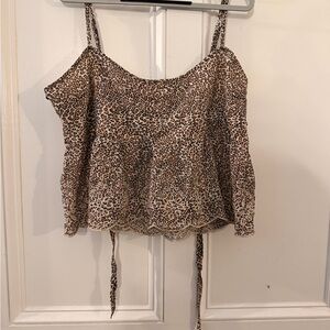 Leopard Print Spaghetti Strap Peplum Top - Brown